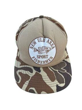VTG Snapback Trucker Hat Full Foam Brown Camo New Ulm MN Sports Fishermen OS
